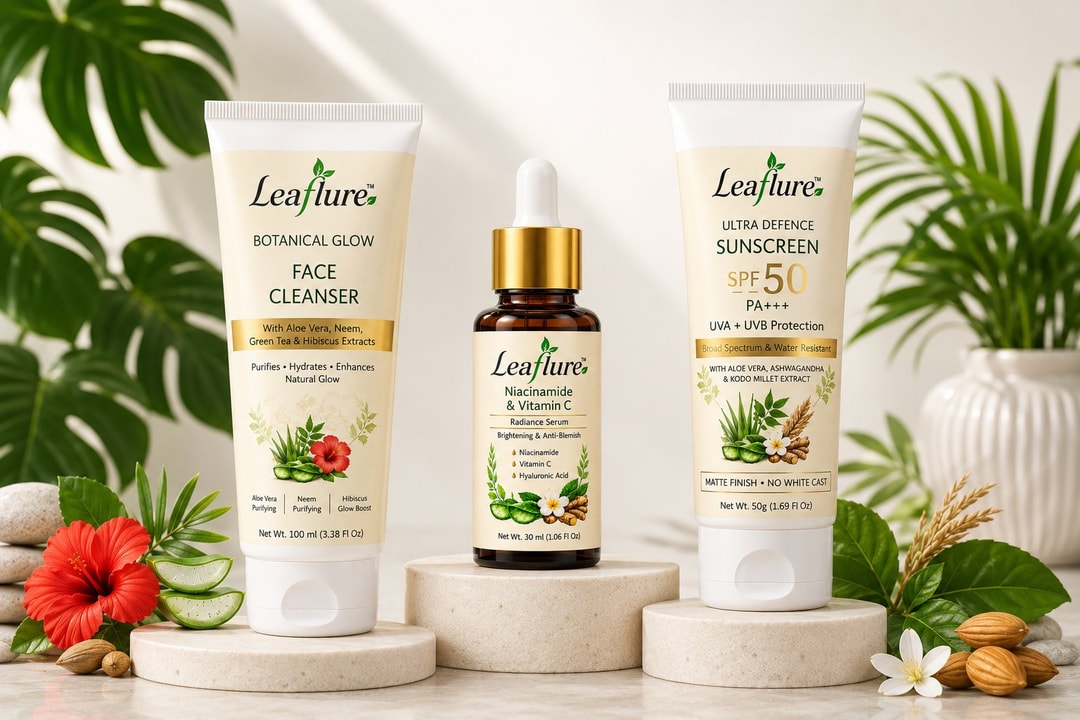 Leaflure Complete Skincare Range — Face Cleanser, Radiance Serum, SPF 50 Sunscreen